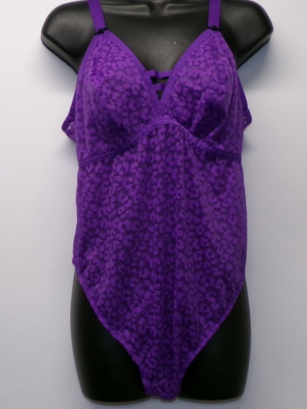 Cacique Sheer Leopard Purple Lace Thong Bodysuit Teddy Plus sz 14/16